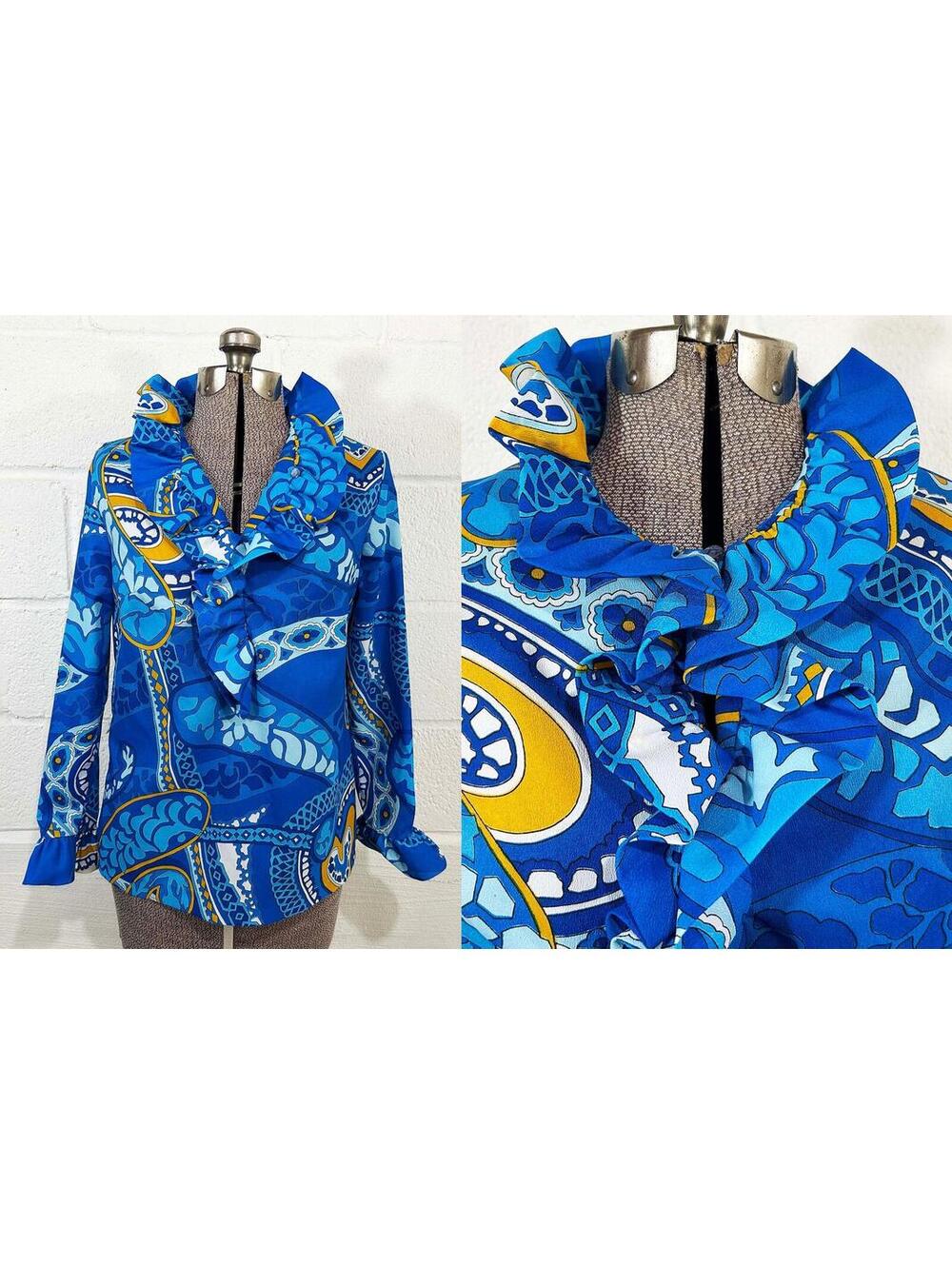 70s Paisley Blouse Ruffle Collar Long Sleeve Blue M/L